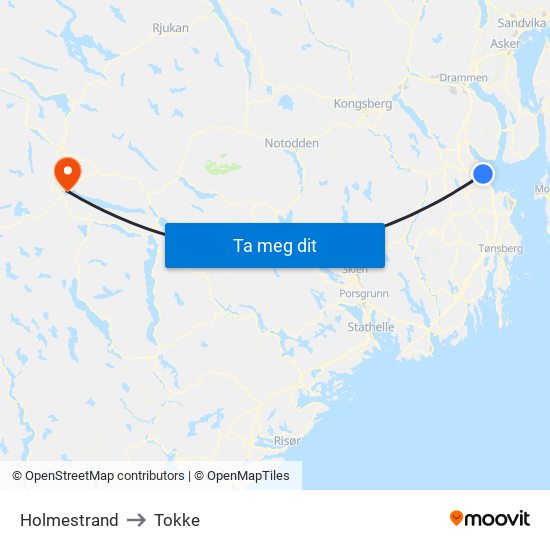 Holmestrand to Tokke map