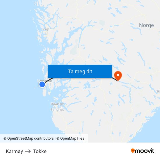 Karmøy to Tokke map