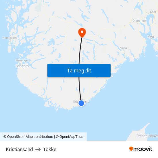 Kristiansand to Tokke map