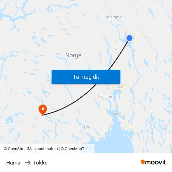 Hamar to Tokke map