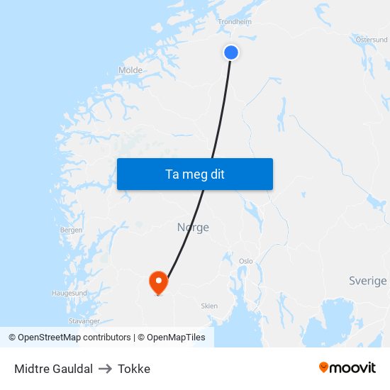 Midtre Gauldal to Tokke map