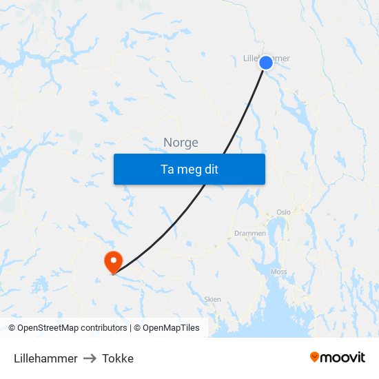 Lillehammer to Tokke map