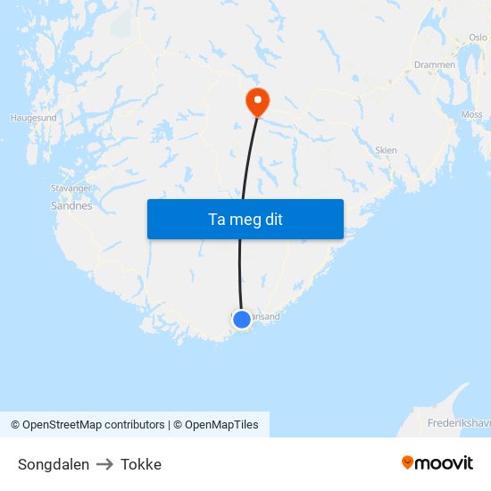 Songdalen to Tokke map