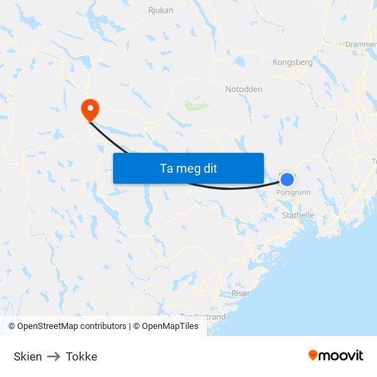 Skien to Tokke map
