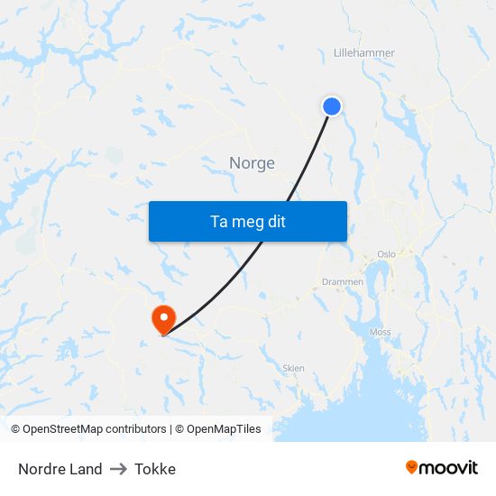 Nordre Land to Tokke map