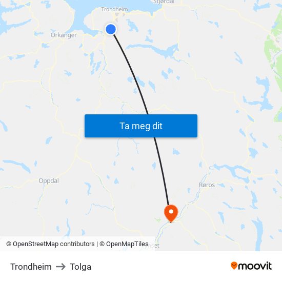 Trondheim to Tolga map