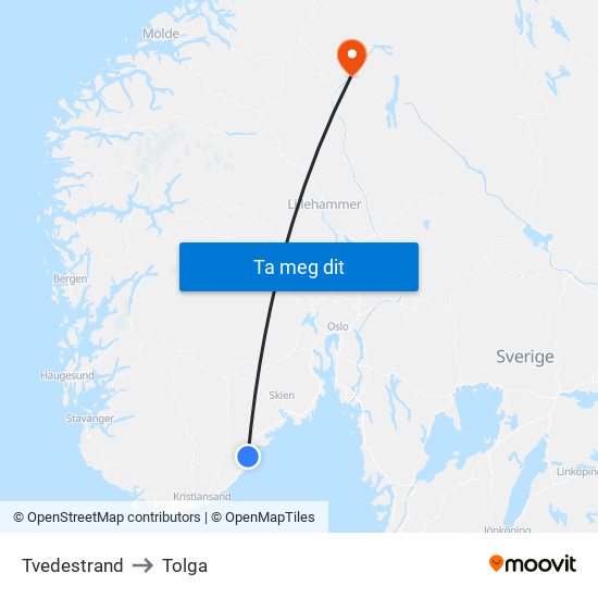 Tvedestrand to Tolga map