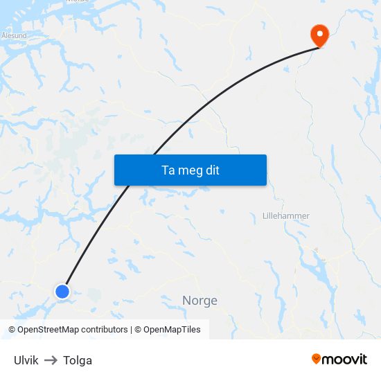 Ulvik to Tolga map