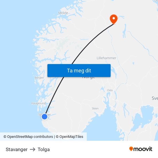 Stavanger to Tolga map