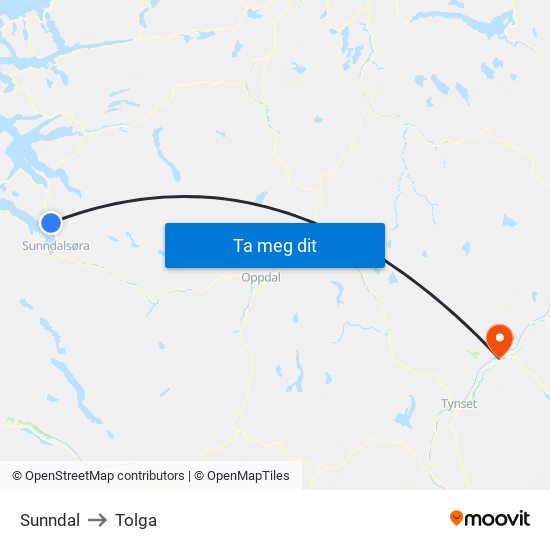 Sunndal to Tolga map