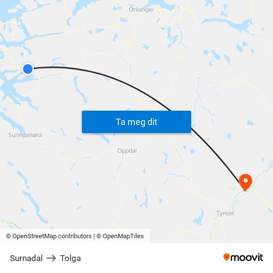 Surnadal to Tolga map