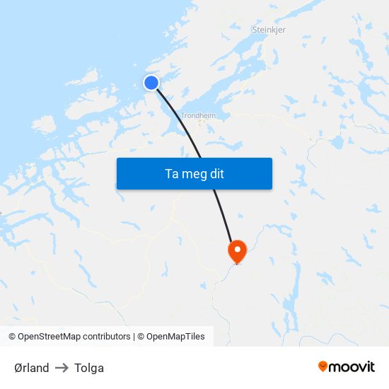 Ørland to Tolga map