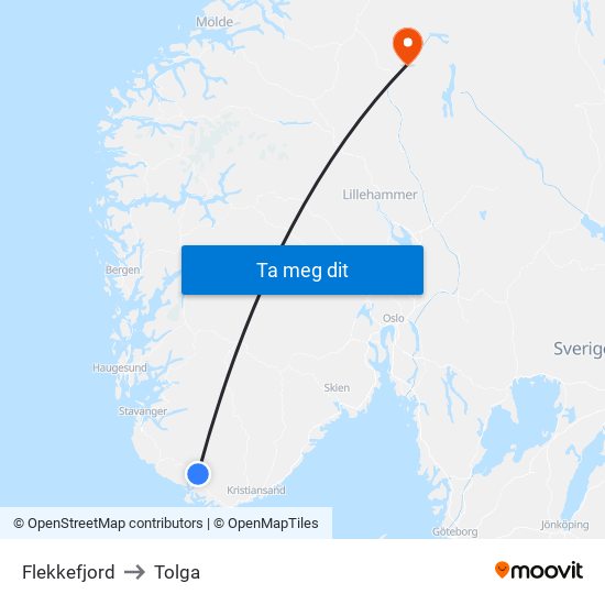 Flekkefjord to Tolga map