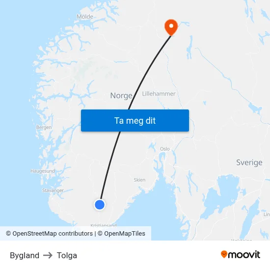 Bygland to Tolga map