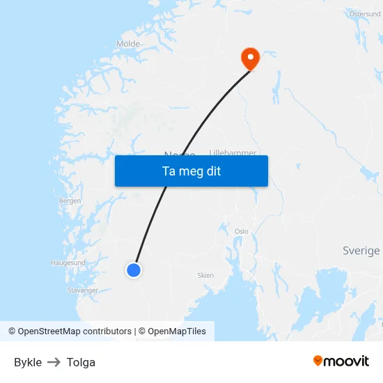Bykle to Tolga map