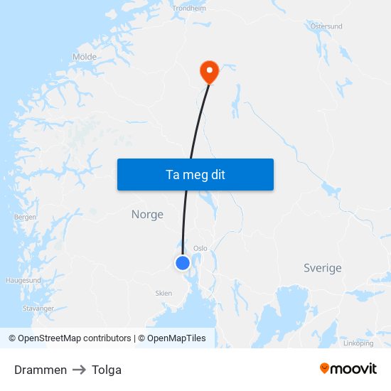 Drammen to Tolga map