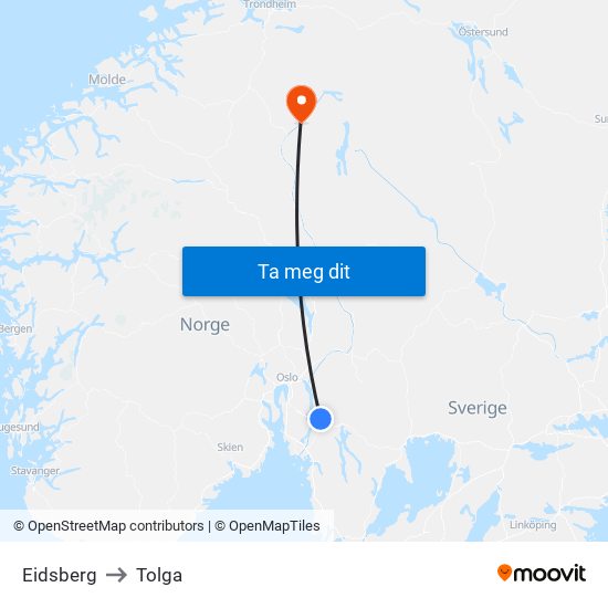 Eidsberg to Tolga map