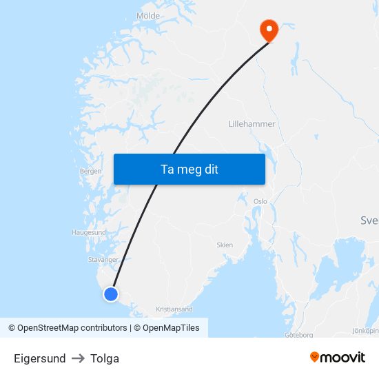 Eigersund to Tolga map