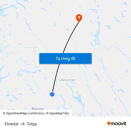 Etnedal to Tolga map