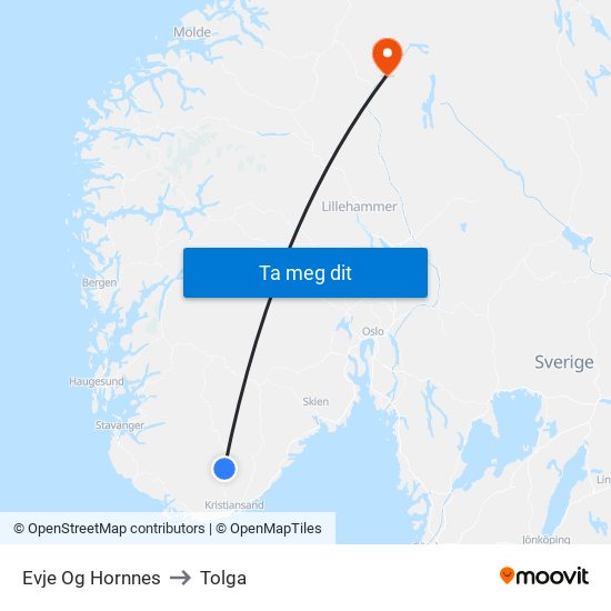 Evje Og Hornnes to Tolga map