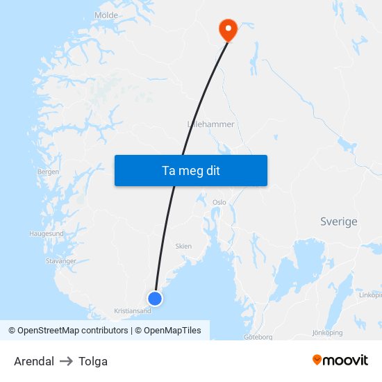 Arendal to Tolga map