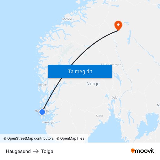 Haugesund to Tolga map