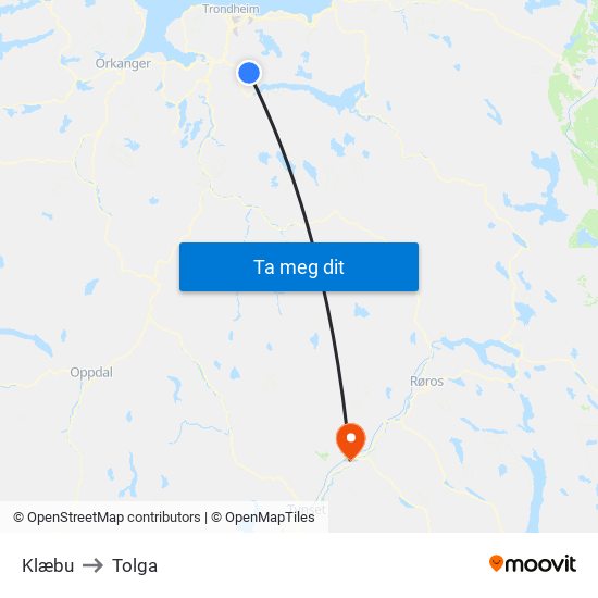 Klæbu to Tolga map