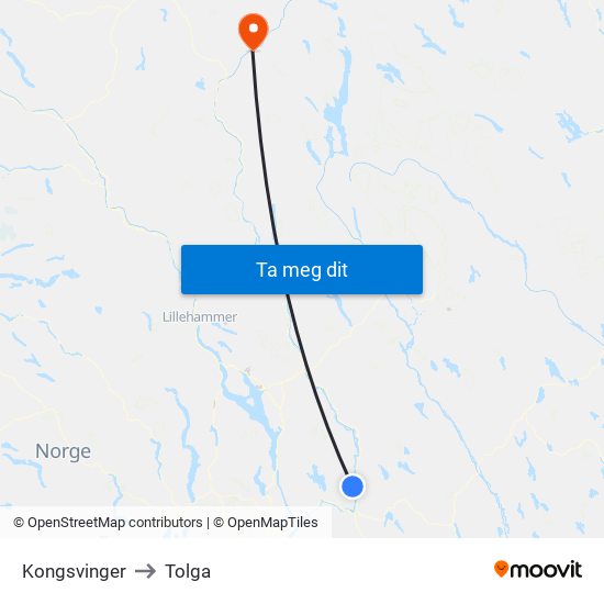 Kongsvinger to Tolga map