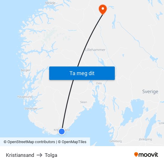 Kristiansand to Tolga map