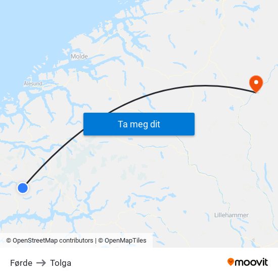 Førde to Tolga map