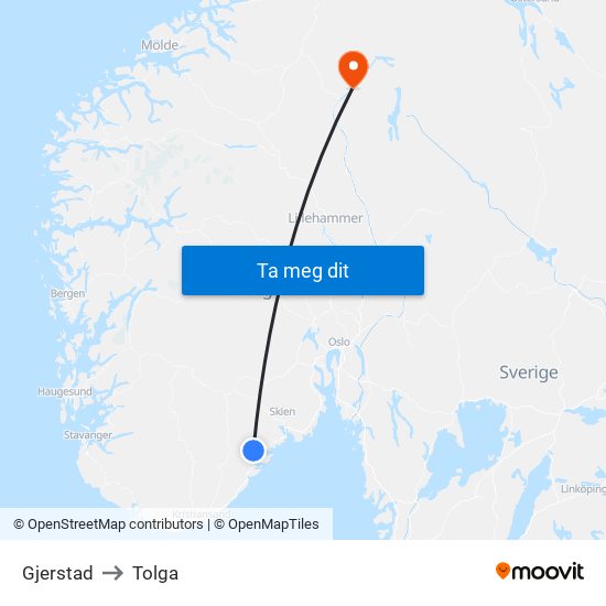 Gjerstad to Tolga map