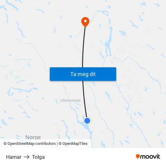 Hamar to Tolga map