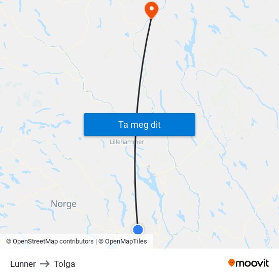 Lunner to Tolga map