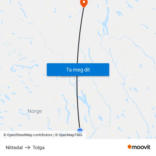 Nittedal to Tolga map