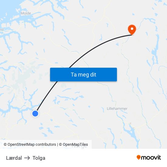 Lærdal to Tolga map