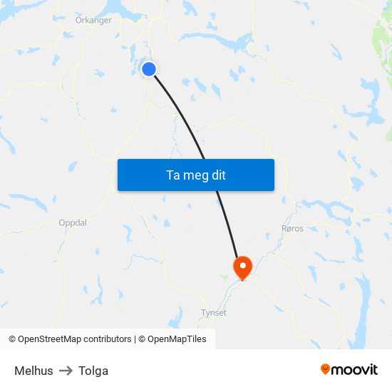 Melhus to Tolga map