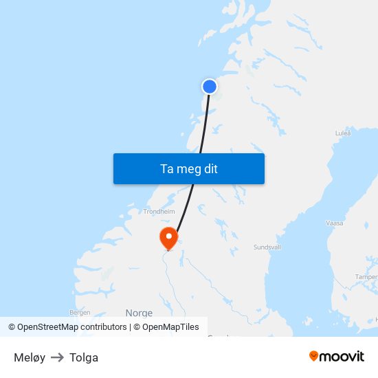 Meløy to Tolga map