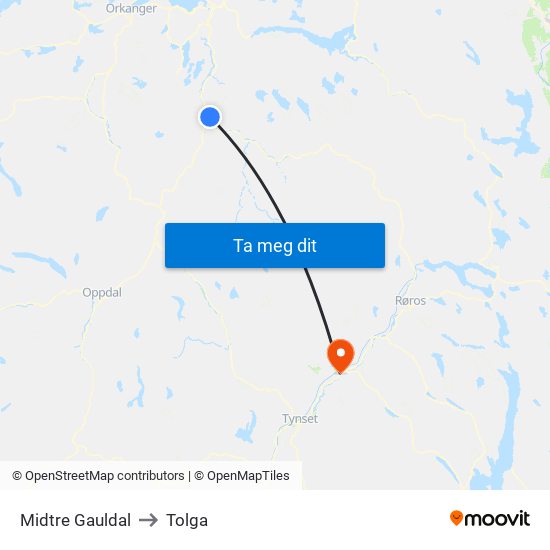 Midtre Gauldal to Tolga map