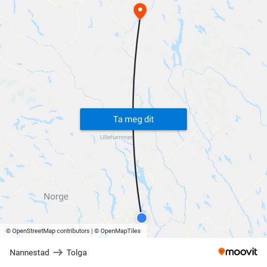 Nannestad to Tolga map