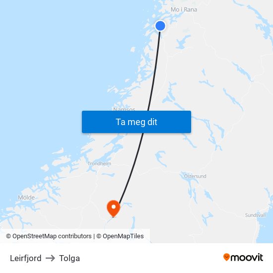 Leirfjord to Tolga map