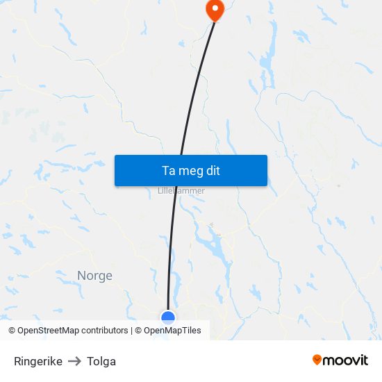 Ringerike to Tolga map