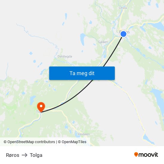 Røros to Tolga map