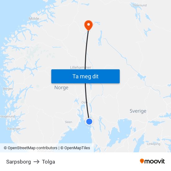 Sarpsborg to Tolga map
