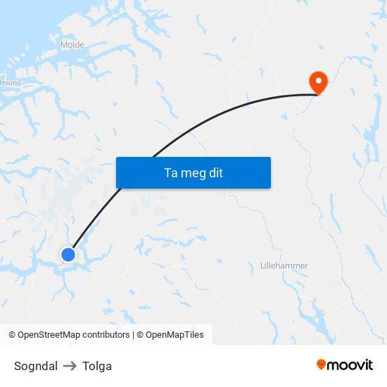 Sogndal to Tolga map