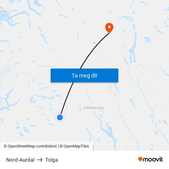 Nord-Aurdal to Tolga map