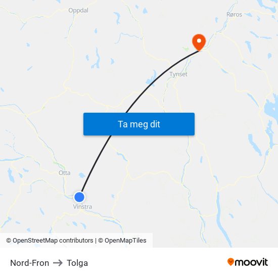 Nord-Fron to Tolga map
