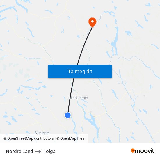 Nordre Land to Tolga map