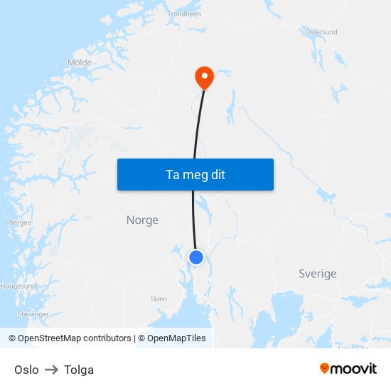 Oslo to Tolga map
