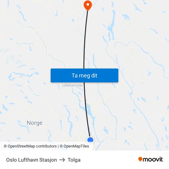 Oslo Lufthavn Stasjon to Tolga map