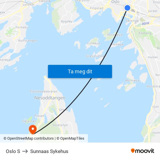 Oslo S to Sunnaas Sykehus map